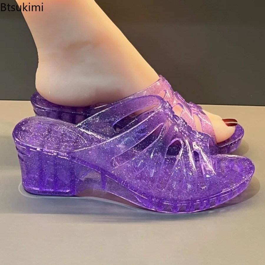 Jelly Sandal Women - Neue Sommer-Damenpantoletten Keilabsatz-Sandalen Transparente Kristallschuhe Damen-Flip-Flops