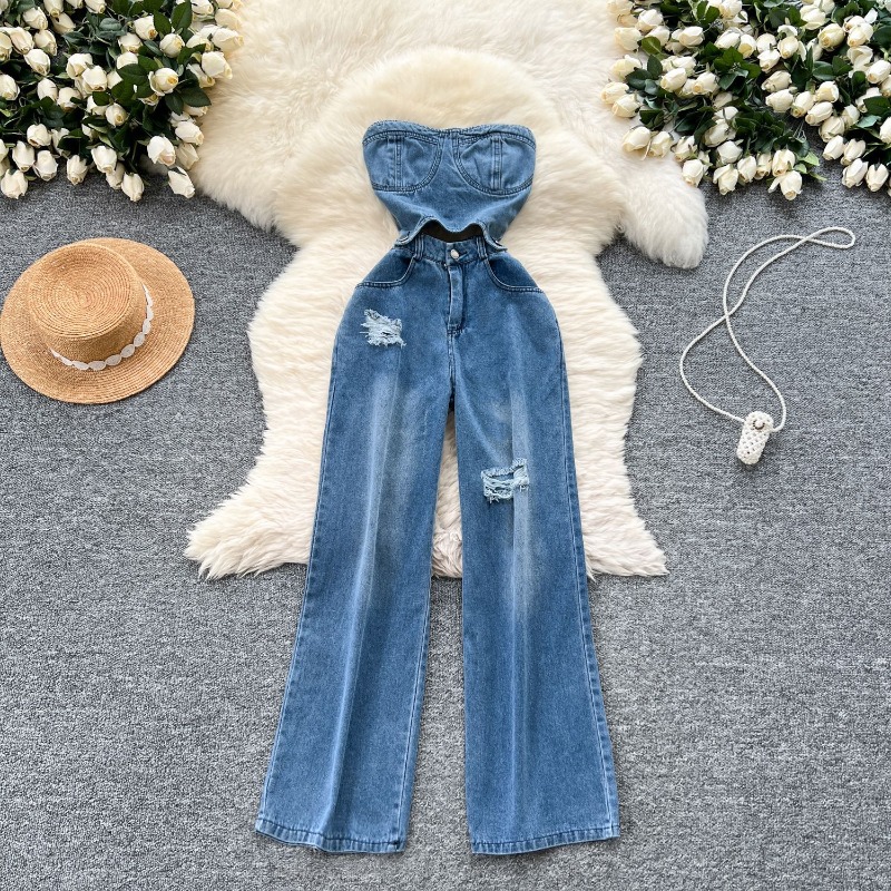 Women'S Shoes Wide Width - Denim-Jumpsuits für Damen, Einteiler, Schulterfreie Ärmellose