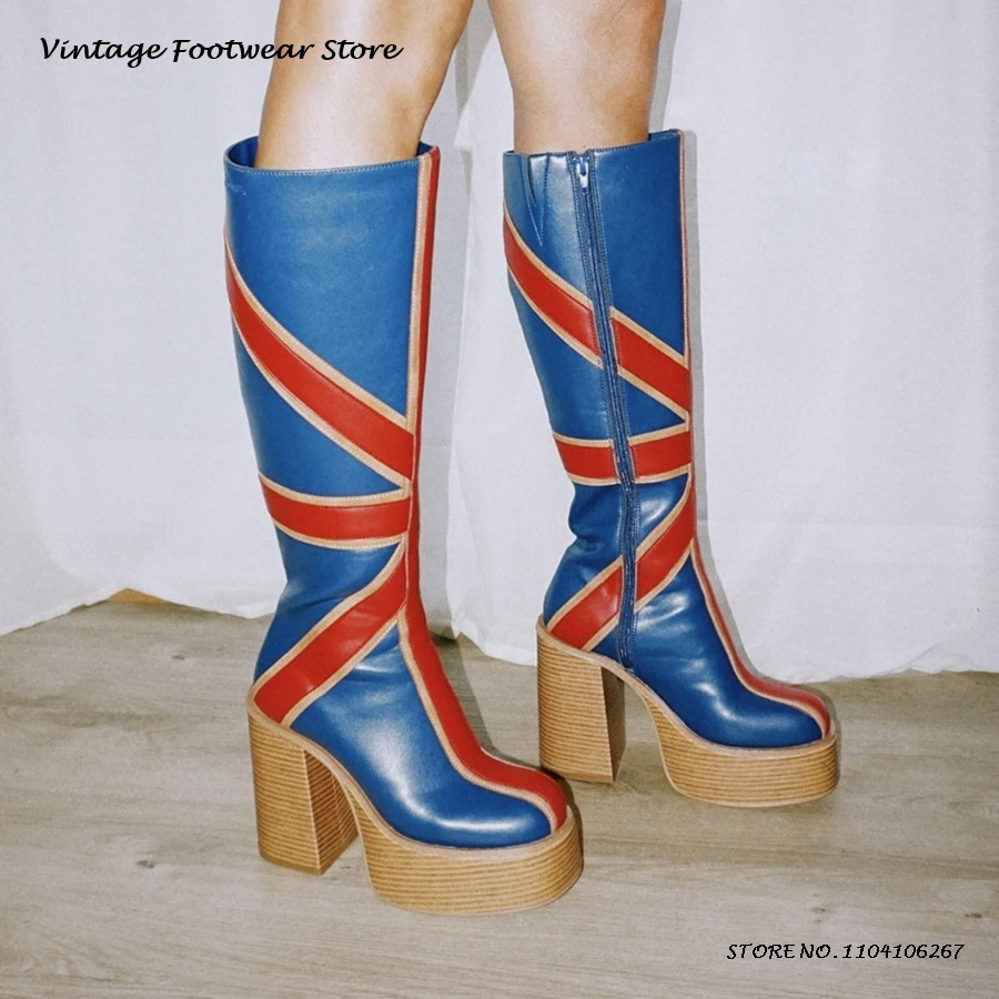 Knee High Boots Women - Patchwork-Leder-Plateau-Kniestiefel im britischen Stil, runde Zehen,