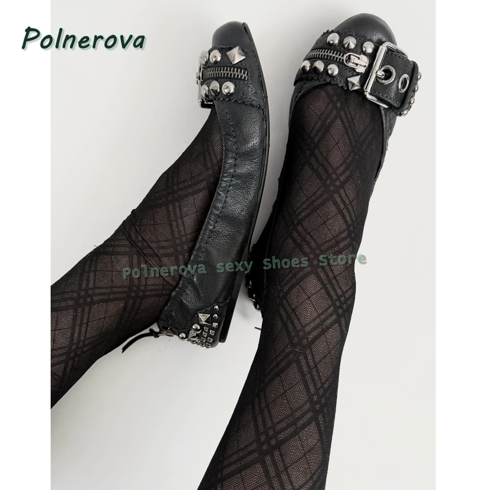 Women'S Shoes Round Toe - Nieten-Gürtelschnallen Mary Jane Schuhe Spitze Flache