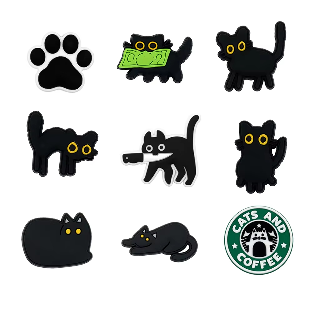 Croc Style Clog - 9-teiliges schwarzes Katzen-Croc-Charms-Set, niedliche Programmierer-KI-Code-Schuhdekorationen, DIY
