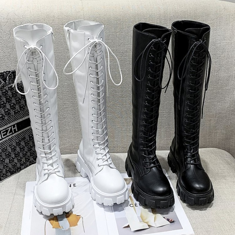 Knee High Boots Women - Damen-Kniehohe Stiefel mit Schnürung, Combat-Booties, Plateau-Sohle,